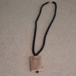 Black Beaded Necklace with Stone Pendant